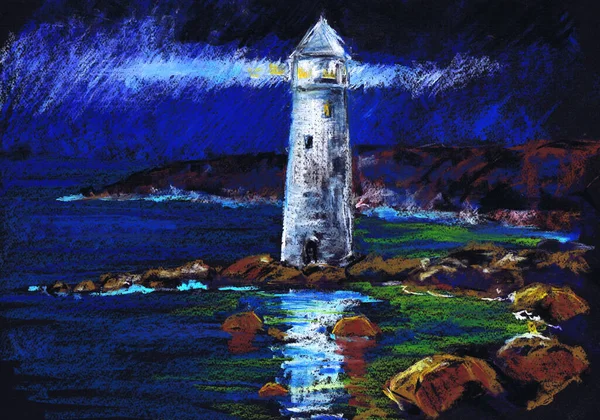 Una Serie Faros Faro Por Noche Dibujo Pastel —  Fotos de Stock