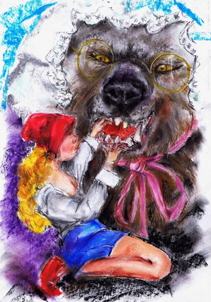 Illustration for the fairy tale of Charles Feather Little Red Riding Hood. Pastel graphic on paper.