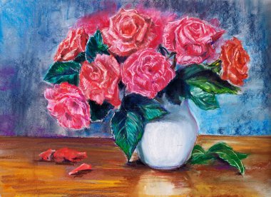 Bir dizi çiçek. Pastel çiziyorum. Beyaz tencerede güller.