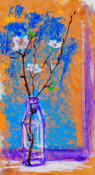 Apricot Branches Bottle Window Drawing Pastel — Stock Photo, Image