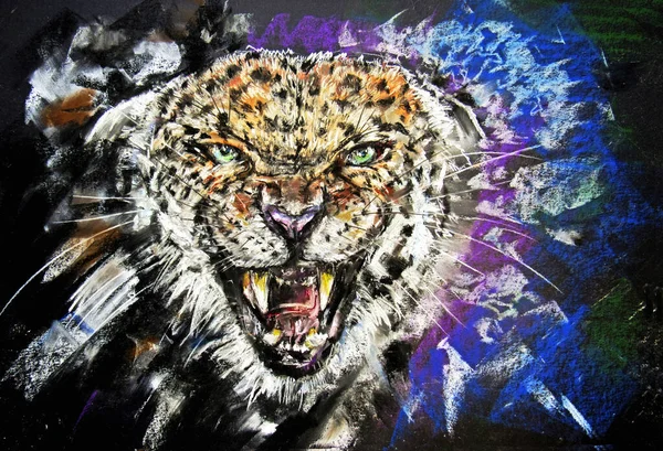 A series of portraits of animals. Drawing pastel. Wicked big cat.