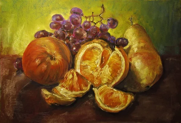 A series of still lifes. Apple, pear, orange and grape. Drawing dry pastel.