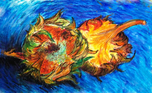 Oil pastel painting. Cut sunflowers