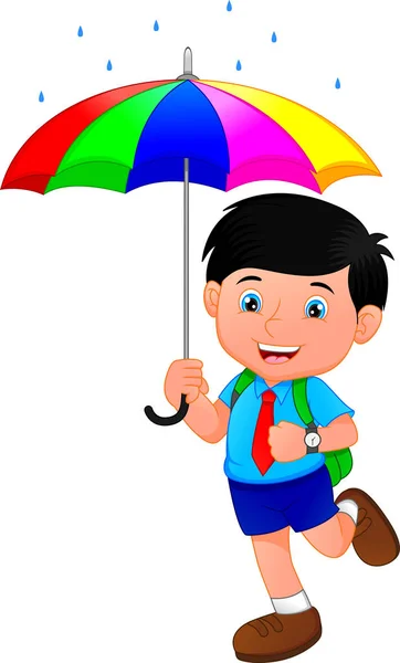 Colegial Bajo Lluvia Con Paraguas — Vector de stock
