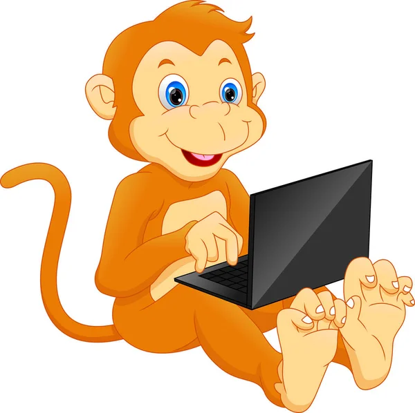 Χαριτωμένο Μαϊμού Χρησιμοποιώντας Φορητό Υπολογιστή Κινουμένων Σχεδίων — Διανυσματικό Αρχείο