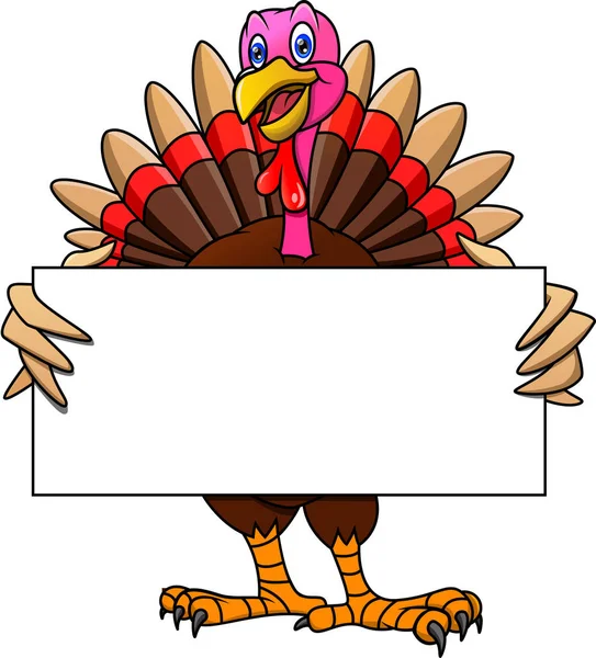 Cute Turkey Bird Cartoon Holding Blank Sign — Stock Vector