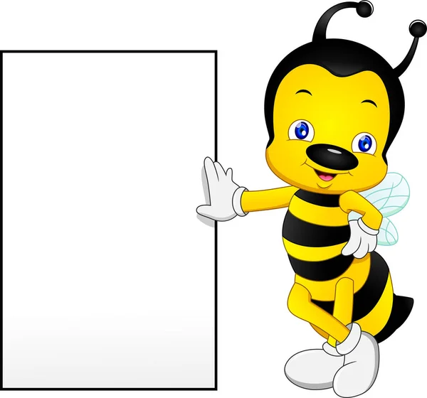 Lindo Abeja Dibujos Animados Con Signo Blanco — Vector de stock