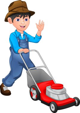 Mutlu çocuk çim biçme makinesiyle çimleri biçiyor.