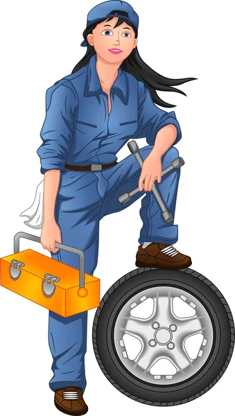 woman mechanic posing with tires and tool box