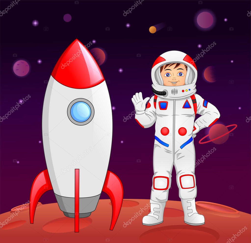 astronaut cartoon waving arrived at planet mars