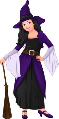 Cadı kostümü giyen ve elinde süpürge tutan tatlı bir kız.