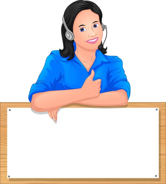 Una Chica Bonita Con Cartel Blanco Atención Cliente Pulgares Hacia — Vector de stock