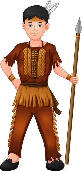 アメリカインディアンの衣装を着て槍を持っている少年 — ストックベクタ