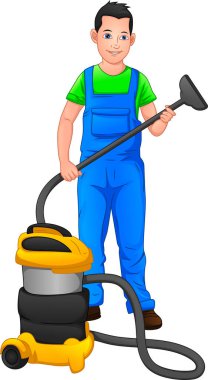 Temizlik işçisi poz veriyor ve temizlik aracı tutuyor