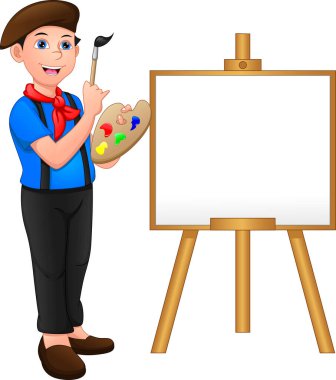  Ressam çocuk tuvalin önünde poz veriyor.