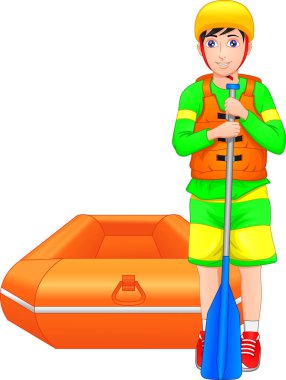 Çocuk şişme botla poz veriyor.