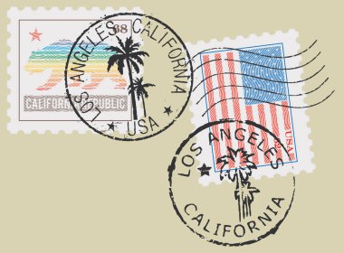 Posta damgası 'Los Angeles-Kaliforniya' semboller. Stilize Kaliforniya ve ABD bayrağı (oyulmuş, gravür etkisi).