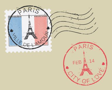 'Paris - City of Love' posta pul sembol. Fransız bayrağı (oyulmuş, gravür etkisi). Sevgililer günü kavramı.