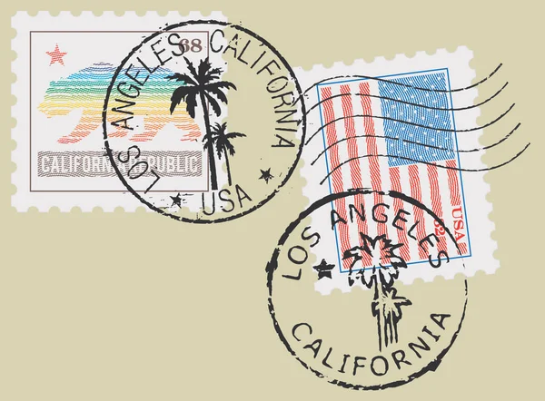 Posta Damgası Los Angeles Kaliforniya Semboller Stilize Kaliforniya Abd Bayrağı — Stok Vektör