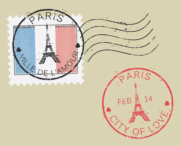 'Paris - City of Love' posta pul sembol. Fransız bayrağı (oyulmuş, gravür etkisi). Sevgililer günü kavramı.