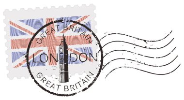 Posta damgası 'Londra - İngiltere' 'Big Ben' kule ve Union Jack - İngiliz bayrağı (oyulmuş, gravür etkisi ile semboller).