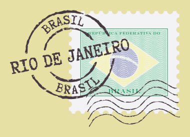 Posta damgası 'Rio de Janeiro - Brezilya' semboller. Brezilya bayrağı (oyulmuş, gravür etkisi). 
