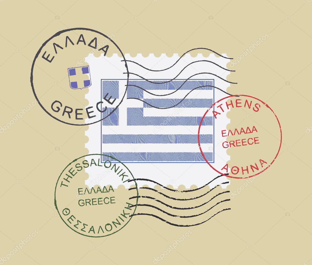 Postal stamp symbols ''Greece- Thessaloniki- Athens''. English and greek inscription. Engraved (woodcut) and grunge effect.