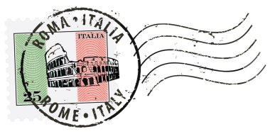Kolezyum ile ' Roma-İtalya' posta pul sembol. İtalyan bayrağı (oyulmuş, gravür etkisi).