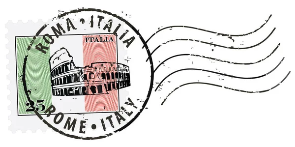Símbolos Carimbo Postal Roma Itália Com Coliseu Bandeira Italiana Gravada — Vetor de Stock