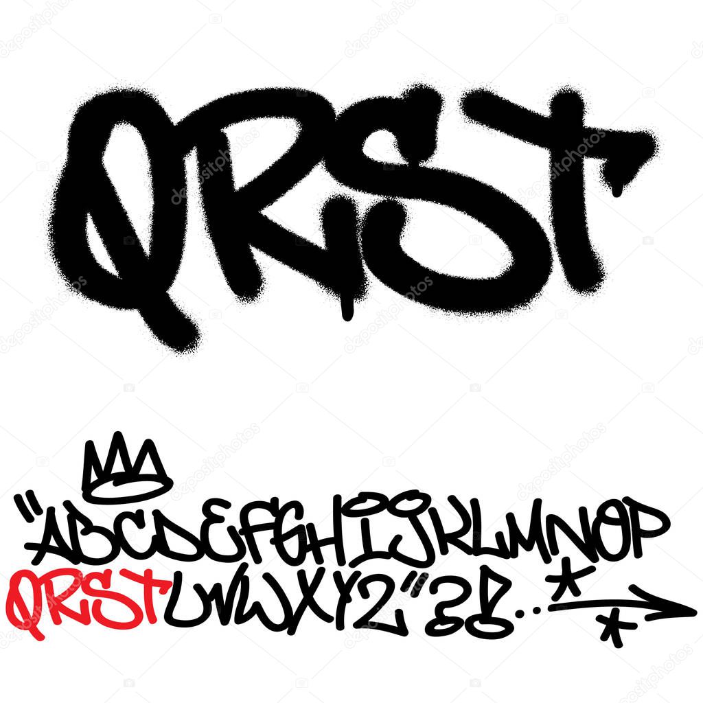 Spray graffiti tagging font. Letters ''Q'', ''R'', ''S'', ''T''. Part 5