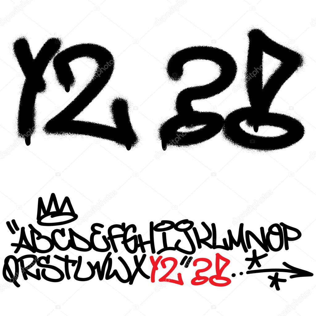 Spray graffiti tagging font. Letters ''Y'', ''Z'', question mark and exclamation mark. Part 7