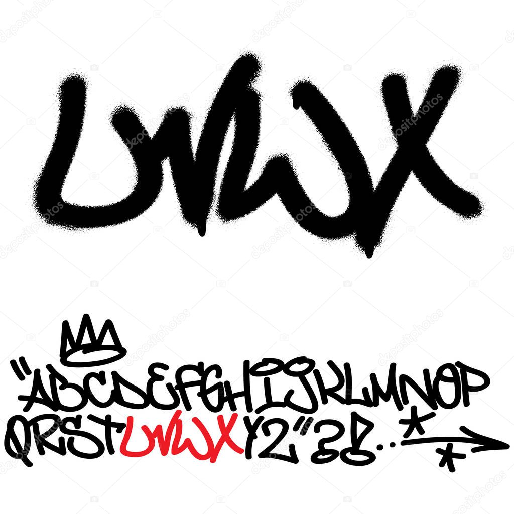 Spray graffiti tagging font. Letters ''U'', ''V'', ''W'', ''X''. Part 6