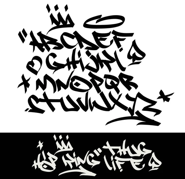 Marker grafiti yazı ve işaretler (taç, kalp, yıldız, ok, nokta, tırnak işareti, spade) etiketleme. Siyah arka plan üzerine '' hip-hop Kral-thug life'' alıntı.