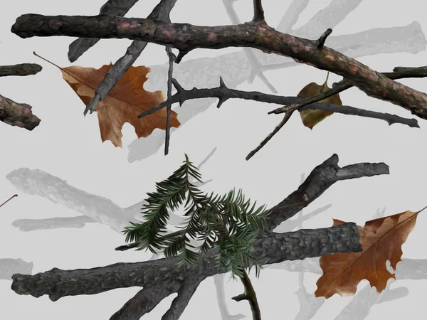 Realistyczny Zimowy Kamuflaż Leśny Płynny Wzór Koniczyna Dąb Gałęzie Liście — Zdjęcie stockowe