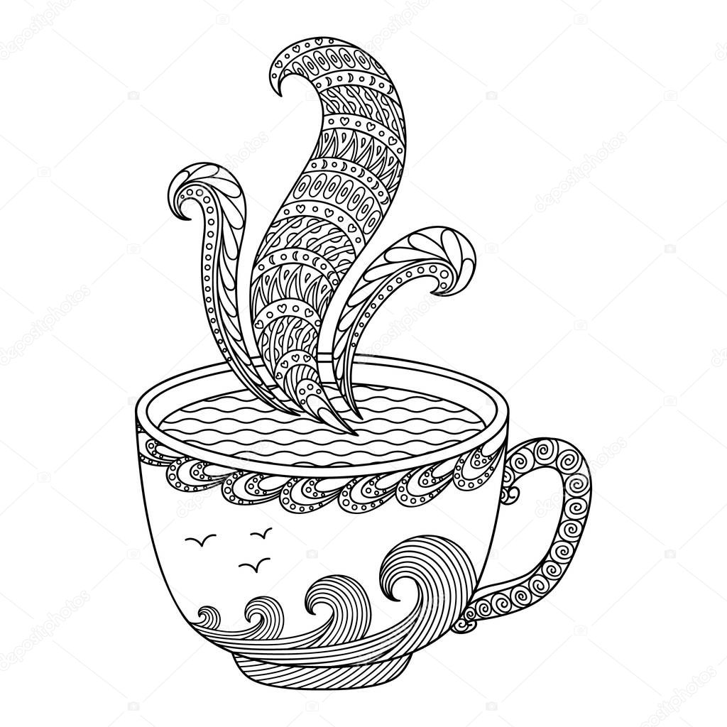  Black and white decorative cup of tea on a white background. Decorative vector design for coloring books, art therapy, antistress, greeting cards.