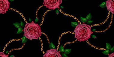 Dikişsiz dekoratif desen taklit süs Saten dikiş nakış altın zincirlerle stilize doku yükseldi. Vektör desen kumaş, giyim, şal, başörtüsü, elbise üzerine basım için. 