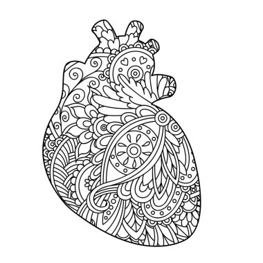 Dekoratif zentangle süs kalp. Tebrik kartları Sevgililer Günü'nün boyama kitapları, yazdırma için dekorasyon için vektör şablonu