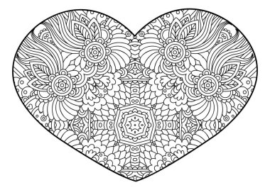 Dekoratif süs kalp. Tebrik kartları, Sevgililer günü, boyama kitapları, dekorasyon için vektör şablon mandala yazdırmak için t-shirt ve Tekstil