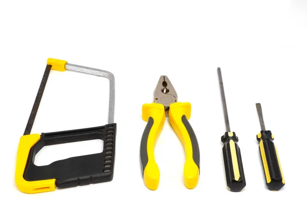 Uppsättning verktyg, många verktyg isolerad på vit bakgrund. — Stockfoto