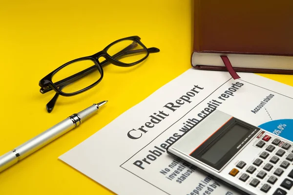 Contract Yellow Table Notebook Glasses Pen — Stock Photo, Image