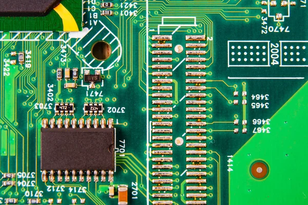 Componentes de placa electrónica, chip digital de placa base. Historia de la ciencia tecnológica . — Foto de Stock