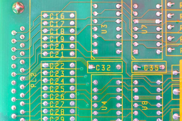 Diseño de placa electrónica, chip digital de placa base. Historia de la ciencia tecnológica . — Foto de Stock