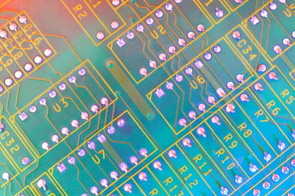 Diseño de placa electrónica, chip digital de placa base. Historia de la ciencia tecnológica . — Foto de Stock