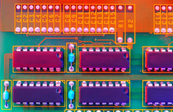 Componentes de placa electrónica, chip digital de placa base. Historia de la ciencia tecnológica . — Foto de Stock