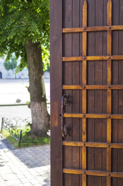 Antique wooden door with metal plates and handles.