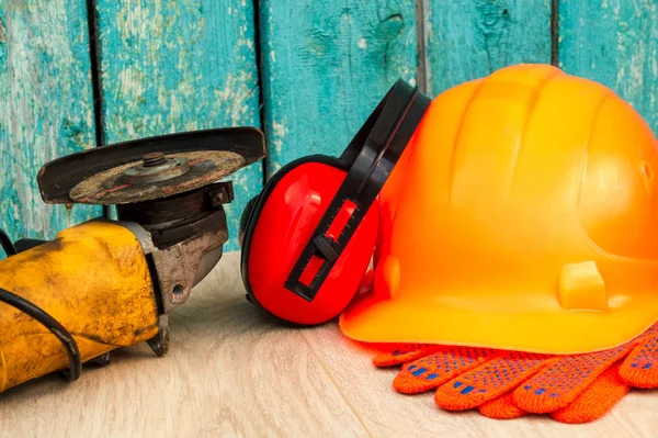 stock image Protective equipment and tools in a bag for a builder.