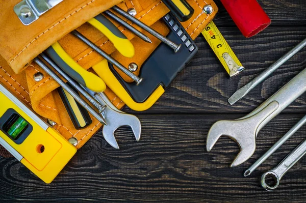 Tools Bag Carpentry Accessories Set Master Wooden Black Vintage Background — Stock Photo, Image