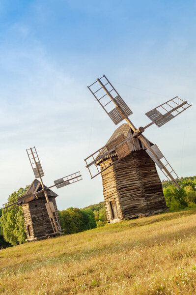 Old wooden windmills Ukrainian style that were popular in the last century