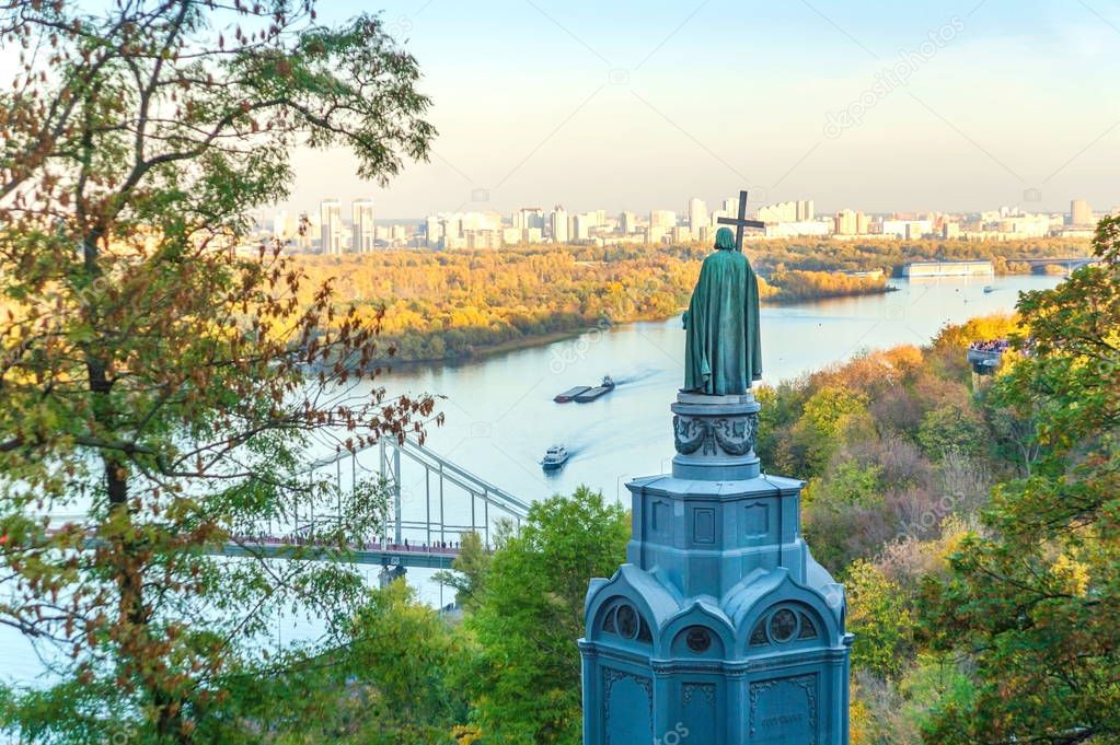 Beautiful view of the Dnieper river in Kiev and the ancient monument
