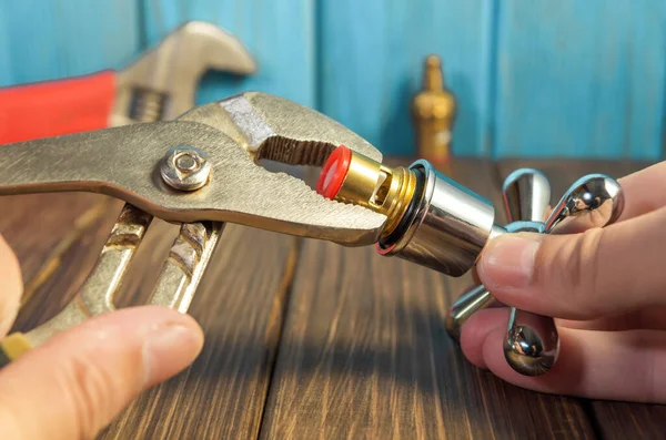 Master Plumber Repairs Tap Wrench Working Environment Workshop — Stock Photo, Image